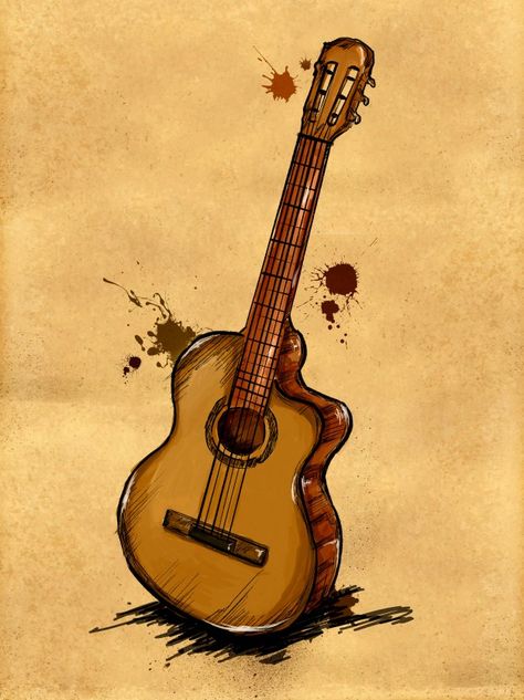 Musical Painting Ideas, Guitar Watercolor Painting, Guitar Art Drawing, Painting Of Guitar, Acoustic Guitar Painting, Guitar Painting Ideas, Guitar Draw, Music Painting Ideas, Guitar Paintings