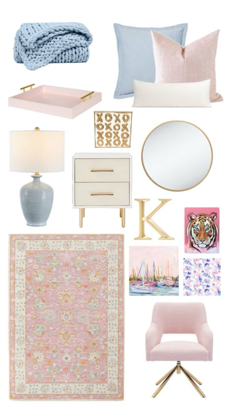 Blue Pink White And Gold Bedroom, Pink And Gold Dorm Room Ideas, Pink And Gold Dorm, Pink And Gold Dorm Room, Pink And Blue Dorm Room, Dorm Room Colorful, Classy Dorm Room, Bama Dorm, Sorority House Rooms