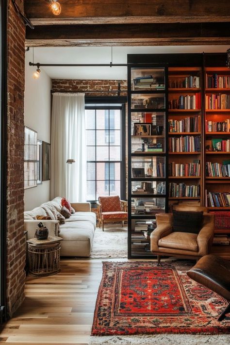 Divide your small home’s open layout with clever room dividers. Use bookcases, curtains, or sliding panels to create separate zones without sacrificing space. 🚪✨📚 #SmallSpaceLiving #RoomDividers #HomeDecor #OpenLayouts Divide A Room With Bookcases, Room Separator Shelves, Living Room Office Separation, Open Bookcase Wall, Sofa As Room Divider, Curtains Brick Wall, Sliding Dividers For Rooms, Bookcase As A Room Divider, Window Separating Rooms