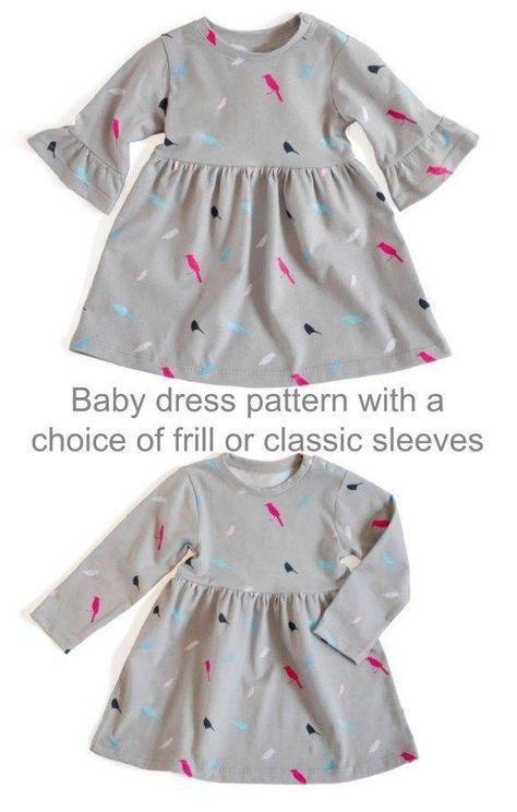 Sewing pattern for baby girls dress for ages 1-24 months. Toddlers and babies will love this soft stretch knit dress with classic or frill sleeves. Closed with snaps. Cute girls dress pattern to wear with leggings or on its own for the summer. #SewingForBabies #CuteBabyDressPattern #BabyDressPattern #SewABabyDress #BabySewingPatterns #DressSewingPattern #GirlsDressSewingPattern #ToddlerDressPattern #SummerDressSewingPattern #EasyDressPatternToSew Baby Girl Dress Pattern Free, Infant Dress Pattern Free, Basic Sewing Skills, Free Baby Dress Pattern, Free Baby Dress Sewing Pattern, Toddler Dress Pattern Free, Baby Dress Sewing Pattern, Baby Dress Patterns Free, Clothing Sewing Patterns Free