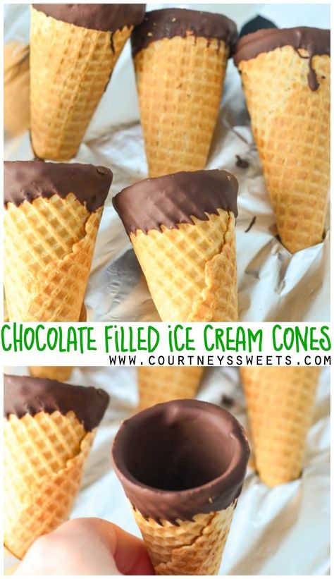 Save money and make your own Chocolate Filled Ice Cream Cones just like those ice cream cones you find in the freezer section! Delicious chocolate filled sugar cones for homemade ice cream. Such a simple recipe!! via @CourtneysSweets Ice Cream Cones Recipe, Chocolate Biscotti Recipe, Dipped Ice Cream Cones, Chocolate Bread Recipe, Waffle Cone Recipe, Cone Dessert, Make Your Own Chocolate, Ice Cream Maker Recipes, Sugar Cones