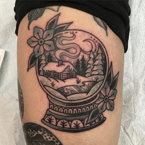 Winter Wonderland Tattoo, Traditional Snow Globe Tattoo, Traditional Christmas Tattoo, Snow Globe Tattoo, Winter Tattoo Ideas, Snowglobe Tattoo, Winter Tattoos, Cabin Tattoo, Globe Tattoo