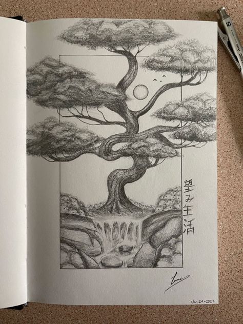 Japanese Drawings Pencil, Sketchbook Art Inspiration Nature, Art Ideas Scetch, Line Art Landscape Drawings, Nature Drawings Landscapes, Nature Art Drawings Creative, Japanese Tree Drawing, Imaginary World Drawing, Pretty Pencil Drawings