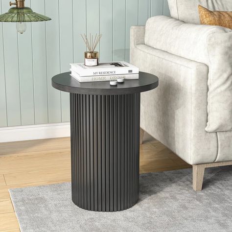 Hokku Designs Serwon Pedestal Wood Round End Table | Wayfair Black Side Table Living Room, Circle Bedside Table, Black Accent Table, Black End Tables, Small Accent Tables, Pedestal Side Table, Solid Wood Side Table, Round Wood Coffee Table, Round End Table