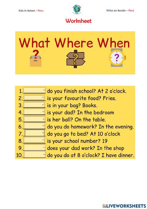 What When Where Worksheet, Teaching Vowels, Question Words, English Grammar Exercises, Grammar For Kids, Who What Where, Grammar Exercises, Teaching English Grammar, English Exercises