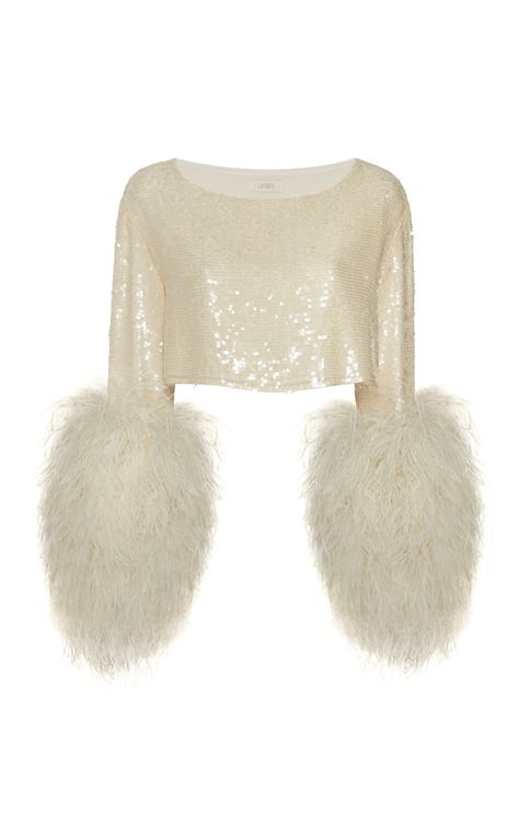 Ostrich Trim Sequined Crop Top by LAPOINTE for Preorder on Moda Operandi Top With Feathers, Feather Cuffs, Sally Lapointe, Sequin Crop Top, Neon Purple, Ostrich Feather, White Slip, Runway Collection, Cropped Top