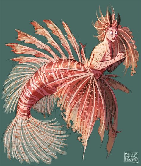 Lionfish Mermaid Tail, Lionfish Character Design, Crab Person Character Design, Fish Hybrid Human, Lionfish Aesthetic, Pufferfish Mermaid, Fish People Character Design, Lion Fish Mermaid, Fish Person Character Design