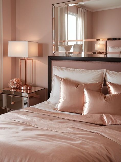 Achieve a trendy rose gold aesthetic for your bedroom by incorporating a shimmering rose gold mirror as a focal point. Complement it with rose gold accents like lamps and throw pillows, and complete the look with blush pink bedding for a luxurious and stylish feel. Gold Luxury Aesthetic, Rose Gold Pillow, Blush Pink Bedding, Rose Gold Bedroom, Rose Gold Aesthetic, Gold Rooms, Gold Bedroom, Rose Gold Mirror, Rose Gold Accents