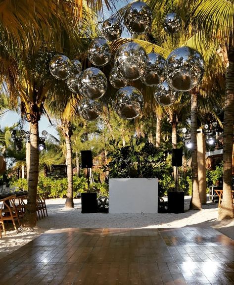 Disco Engagement Party Ideas, Disco Ball Beach Wedding, Wedding Dancefloor Outdoors, Beach Disco Wedding, Ocean Wedding Reception, Eclectic Beach Wedding, Disco Beach Party, Beach Wedding Dance Floor, Beach Party Set Up