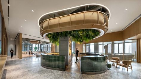 SHUI ON WORKX, Shanghai - M Moser Associates Biophilic Office Design, Office Breakout, Wallpaper Office, Sustainable Interior Design, Organic Furniture, Kiosk Design, Wood Cladding, Biophilic Design, Community Space