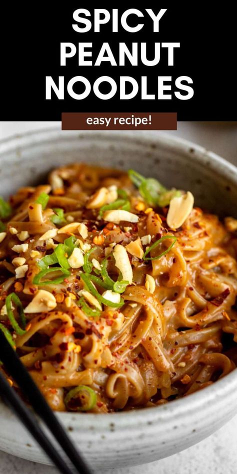 These 15 minute spicy peanut butter noodles are easy to make, high protein and full of flavor. Serve these peanut noodles with tofu, chicken, salmon or shrimp and veggies for an easy weeknight dinner the whole family will love. Veggie Asian Noodles, Vegetarian Noodle Dishes, What To Make With Rice Noodles, Butter Noodle Recipe, One Pot Recipe Ideas, Spicy Peanut Butter Noodles, Recipes With Peanut Butter, Healthy Recipes Easy Dinner, Peanut Butter Noodles Recipe