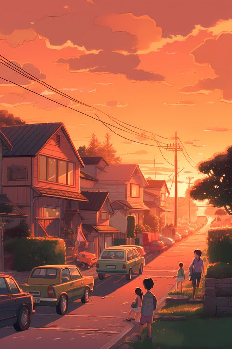 Sunset City Illustration, Evening Illustration, Suburban Aesthetic, Suburban Town, Suburban Street, Sunset Illustration, Suburban Mom, Sunset Background, Sunset City