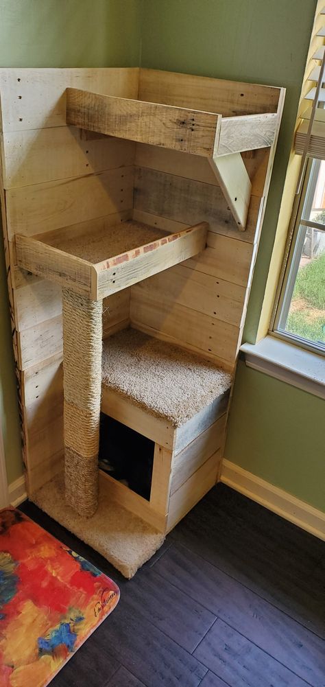 Diy Pallet Cat Tree, Pallet Cat Tree, Diy Cat Tower Ideas, Diy Cat Furniture Easy, Cat Tree House Diy, Cat Room Ideas Diy, Pallet Cat House, Cat Tower Diy, Diy Cat Wall