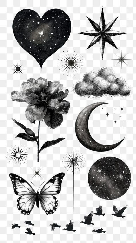 Witchy Png Icons, Celestial Stickers, Moon Element, Bts Calendar, Drawing Butterfly, Moon Stickers, Png Heart, Kindle Stickers, Drawing Png