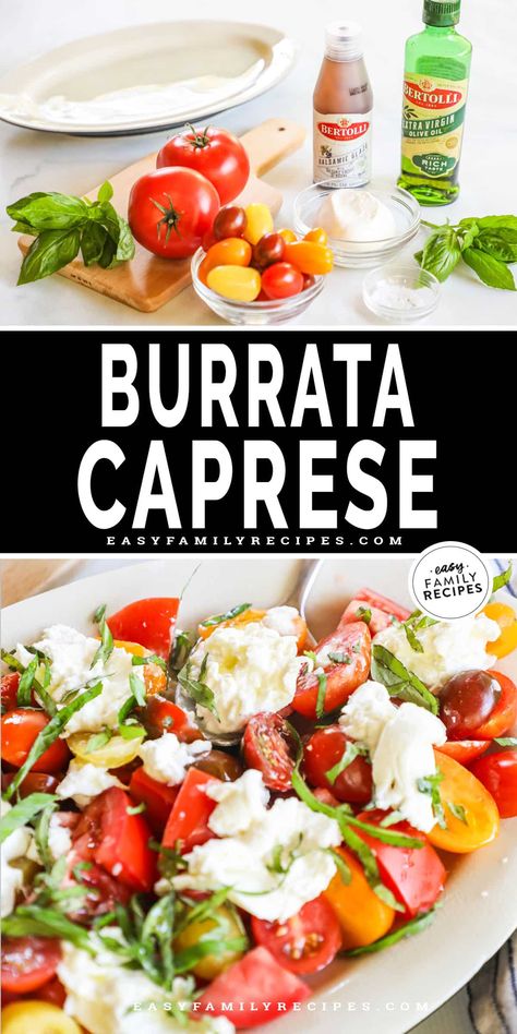 This Burrata Caprese Salad is a fresh and impressive appetizer to serve at your next dinner party! This Tomato and Burrata Salad features juicy bites of tomato layered with fresh basil and burrata cheese, then drizzled with olive oil and balsamic glaze. Burrata Tomato Salad is a crowd-pleasing pairing that you'll be making again and again. Just 15 minutes to put together and 7 simple ingredients! Burrata Caprese Salad, Burrata Tomato, Tomato And Burrata, Burrata Caprese, Asian Steak Bites, Impressive Appetizers, Cold Salads, Caprese Salad Recipe, Burrata Salad