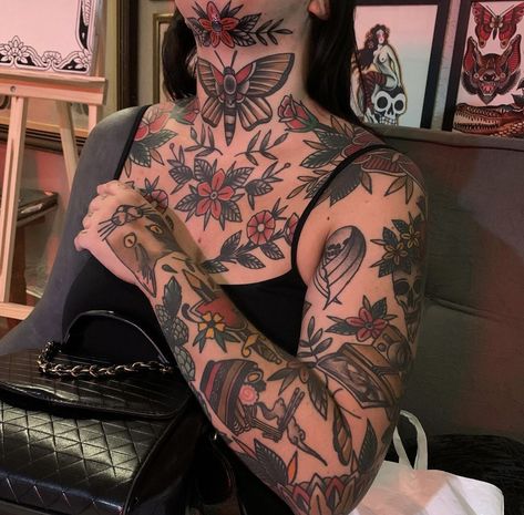 Neck Tattoos American Traditional, American Traditional Back Of Neck Tattoo, Women’s Traditional Chest Tattoo, Neck Tattoos Women Traditional, Forearm Tattoo Women American Traditional, Traditional Tattoos On Women, Trad Shoulder Tattoo, Shoulder Tattoos Traditional, Neck Tattoos Traditional