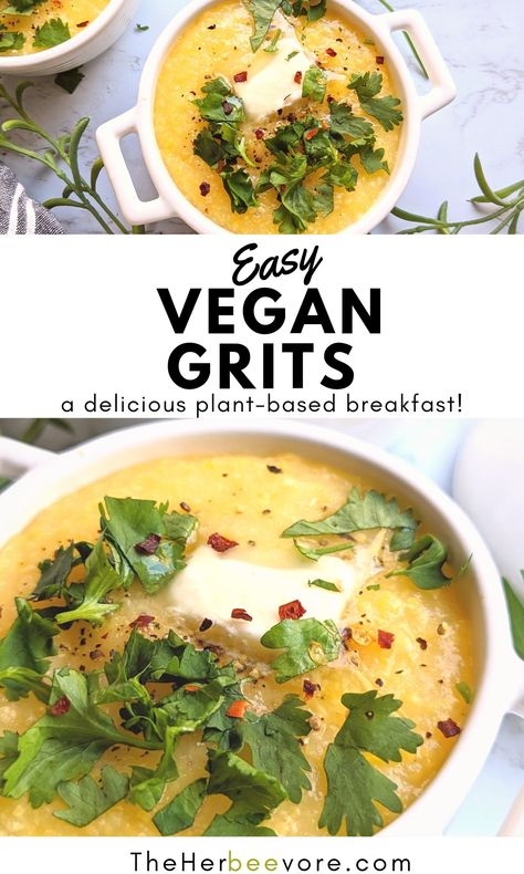 These vegan grits are a creamy delicious and flavorful breakfast recipe made with plant-based butter, fresh herbs, and corn polenta grits. Ready in 15 minutes, these simple grits are a hearty filling morning meal. Vegan Grits Bowl, Vegan Cheese Grits, Mushroom Grits Recipe, Vegan Grits Breakfast, Vegan Grits Recipe, Vegan Shrimp And Grits, Polenta Breakfast Recipes, Dairy Free Polenta, Vegan Polenta Recipes