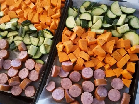 Sheet Pan Kielbasa, Sweet Potato And Zucchini, Potato And Zucchini, Kielbasa And Potatoes, Sweet Potato Oven, Sweet Potato Dinner, Sheet Pan Meals, Kielbasa Recipes, Sweet Potato Skillet