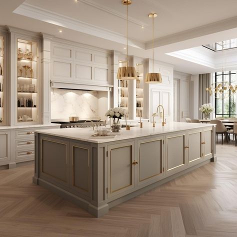 Double Island Kitchens French Country, Kitchen Ceiling Molding Ideas, Roman Kitchen Design, Traditional And Modern Kitchen, Modern Classical Kitchen, Kim Kardashian Kitchen, Big Kitchen Ideas Luxury, Old Money Kitchen, American Classic Kitchen