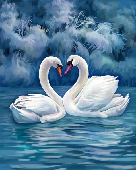 2 Swans Painting, Paintings Of Swans, Couple Swan Painting, Swan Heart Painting, Two Swans Painting, Swan Art Painting, Swan Painting Acrylic, Romantic Painting Ideas, Swan Paintings