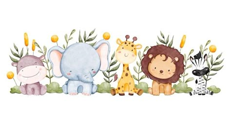 Vector watercolor illustration safari an... | Premium Vector #Freepik #vector #lion-watercolor #safari-animals #animal-illustration #safari-baby Animals In Garden, Safari Watercolor, Cute Safari Animals, Lion Watercolor, Blue Hot Air Balloon, Watercolor Giraffe, Safari Room, Leaves Frame, Wild One Birthday Invitations