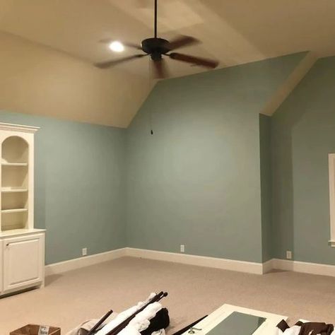 Sherwin Williams Fresh Eucalyptus SW 9658: 32 real pictures Eucalyptus Wall Color, Sherwin Williams Fresh Eucalyptus, Fresh Eucalyptus Sherwin Williams, Sherwin Williams Mineral Deposit, Rainwashed Sherwin Williams, Eucalyptus Color, Porter House, Basement Colors, Trailer Redo