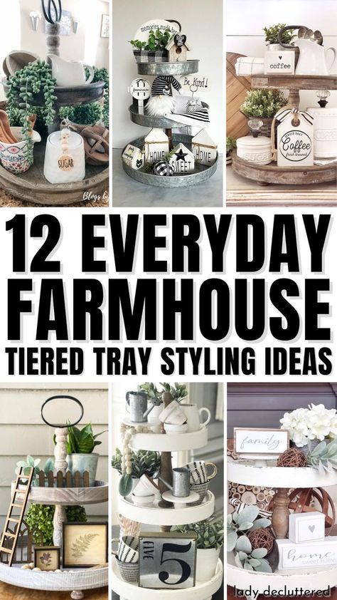 12 Everyday Farmhouse Tiered Tray Styling Ideas Modern Farmhouse Tiered Tray Decor, Farm Tiered Tray Decor, Dining Room Tiered Tray Decor, Table Tier Display, Everyday Tray Decor, Home Tiered Tray Decor, Tiered Kitchen Tray, Tiered Tray Styling, Tin Tiered Tray Decor