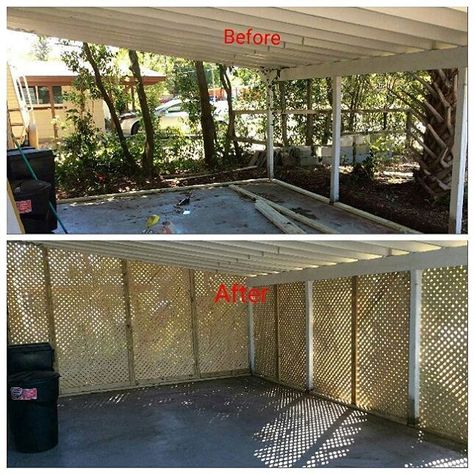 Our customer wanted to close in there carport for a little more privacy.  Lattice is an inexpensive way to do that, #mrhandyman2889 #beforeandafter #carpentry #outdoorprojects #damian #orangepark Carport Lattice Ideas, Under Carport Ideas, Carport Closed In Ideas, Screen In Carport, How To Close In A Carport, Privacy Carport Ideas, Carport Wall Ideas, Carport Ideas Decor, Carport Into Patio