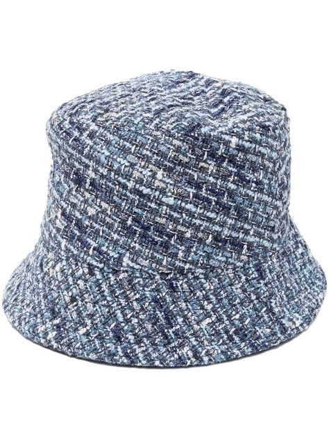 tweed bucket hat from Maje featuring sky blue, cotton blend, tweed, curved narrow brim and pull-on style. Tweed Bucket Hat, Tweed Hat, Hats Knitted, Knitted Beanies, Chanel Tweed, Designer Hats, Summer Hat, All Brands, Knit Beanie