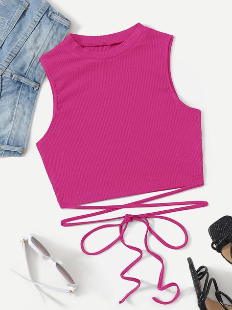 Rosa Fucsia Casual Collar  Tela Liso Tank Embellished Elástico Ligero Verano Tops & Blusas & Camisetas de Mujer Cropped Rosa Pink, Pink Top Outfit Summer, Outfits Con Top Rosa, Nike Crop Top Outfits, Tops Rosas, Crop Top Fucsia, Pink Crop Top Outfit, Crop Top Rosa, Cute Outfits Pink