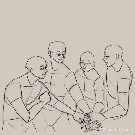 Hooved Character Design, Character Group Poses Reference, Found Family Reference, 3 People Sketch Poses, Four People Drawing Poses, Pose For Four People, Four People Art Reference, Halfbody Pose Drawing, Four Person Drawing Reference