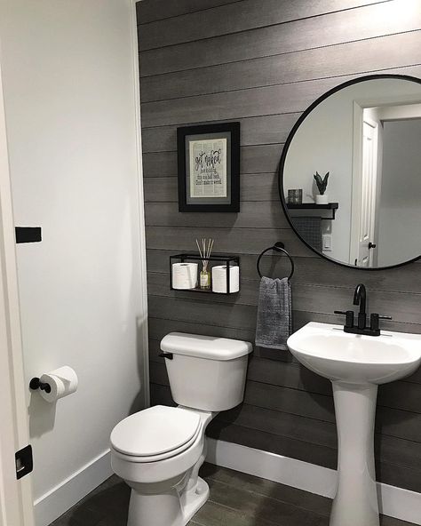 20 Modern And Stylish Grey Shiplap Ideas You Should See Shiplap In Half Bathroom, Colored Shiplap Wall Bathroom, Grey Bathroom Black Vanity, Grey And White Powder Room, Bathroom Black Shiplap Wall, Bathroom With Black Shiplap, Half Bathroom Ideas Farmhouse Modern, Charcoal Accent Wall Bathroom, Stand Up Bathroom Ideas