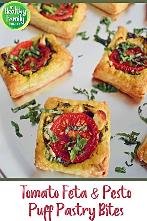 Tomato, Feta & Pesto Puff Pastry Bites | These Tomato, Feta & Pesto Puff Pastry Bites will be a hit at your next holiday get-together. An easy to make and mouthwatering appetizer. | Healthy Family Project #appetizers #puffpastry #recipes #holidays #tomato Pesto Puff Pastry, Tomato Tart Puff Pastry, Feta Pesto, Pesto Appetizers, Puff Pastry Bites, Cream Cheese Puffs, Cream Cheese Puff Pastry, Pastry Bites, Puff Pastry Appetizers