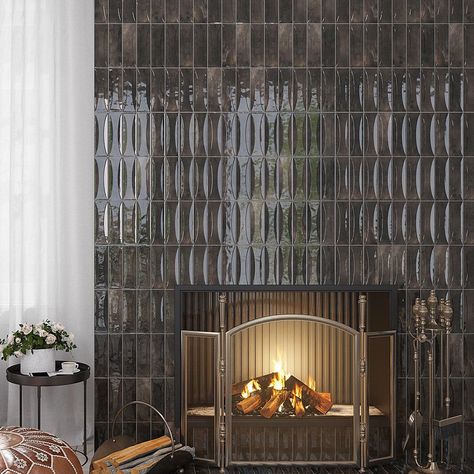 Glossy Tile Fireplace, Interior Column Design Ideas, Black Fireplace Tile, Vertical Tile Backsplash, Frame Fireplace, Subway Tile Fireplace, Tiled Fireplace Wall, Bathroom Curtains Ideas, Black Tile Fireplace