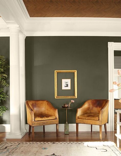 Hunter Green Walls Living Room, Green Wall White Trim, Green Room With White Trim, Benjamin Moore Pinelands, Army Green Walls, Dark Room White Trim, Benjamin Moore Raccoon Hollow, Sterling Forest Benjamin Moore, Sioux Falls Benjamin Moore