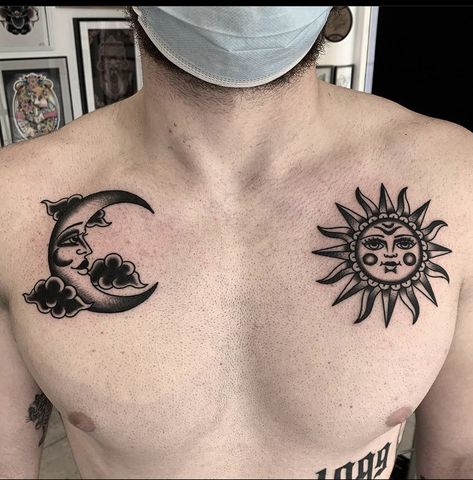 Aztec Sun And Moon Tattoo, Dark Sun And Moon Tattoo, Sun Tattoo Traditional, Sempiternal Tattoo, Traditional Sun And Moon Tattoo, American Traditional Sun Tattoo, Tattoo Moon And Sun, Traditional Sun Tattoo, Eclipse Tattoo