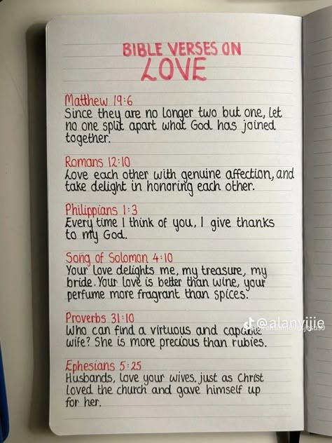 Short Bible Study Lessons, Bible Verse On Love, Bible Journaling Ideas Notebooks Writing, Christian Journal Ideas, Bible Journaling Ideas Notebooks, Love In The Bible, Nyc Study, List Of Bible Verses, Easy Bible Study