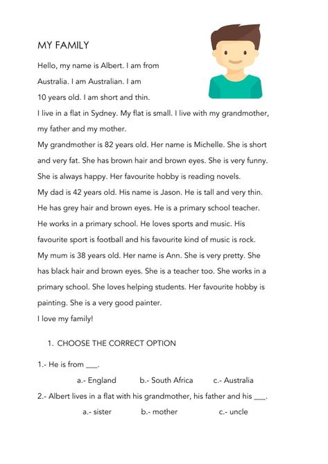 Ejercicio de my family reading 4th My Family Paragraph, Family Reading Comprehension, 5th Grade Worksheets, Descriptive Text, Reading Comprehension For Kids, Esl Reading, Family Worksheet, Reading For Beginners, Reading Test