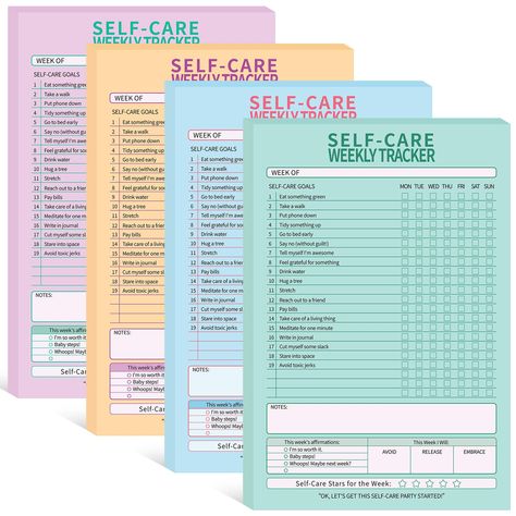 PRICES MAY VARY. 4 Color Options and Quality Material: our self care weekly tracker pads are designed to not only meet your scheduling needs but also to add a touch of color to your day; Made from quality paper material, we offer these pads in 4 colors, light purple, light blue, light green, and light yellow; The soothing hues are matched with about 6 x 9 inches (15.24 x 22.86 cm) size ensuring they fit neatly on your desk or carry case Package for Organization: you will get 4 sets of self care Productivity Schedule, Personal Daily Planner, Organization Binder, Weekly Tracker, Simple Daily Planner, Meal Prep Planner, Life Planner Organization, Daily Planner Inserts, Daily Routine Planner