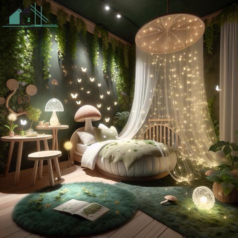 This image depicts a charming fairy-themed bedroom with intricate details and soft pastel colors. The room is adorned with ethereal fairy figurines, glittering string lights, and delicate floral patterns. The bed is fit for a fairy queen, with a canopy adorned with gossamer fabric and fluffy pillows. The overall feel of the bedroom is magical and enchanting, making it the perfect retreat for any fairy lover. Fairy Themed Room Forest Bedroom, Princess And The Frog Room Ideas, Princess And The Frog Bedroom Ideas, Folklore Room, Fairy Bedroom Ideas For Kids, Fairy Forest Bedroom, Woodland Fairy Bedroom, Fairy Bedroom Ideas, Fairy Garden Bedroom