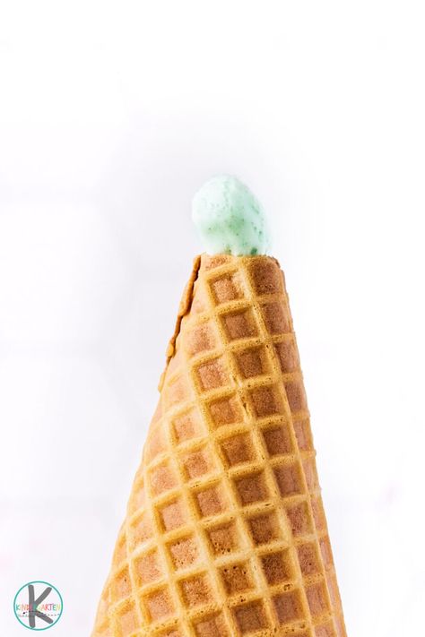 beginning erruption of green mint chip from ice cream cone volcano experiment for kids Volcano For Kids, Volcano Experiment, Summer Science Experiments, Summer Science Activities, Homemade Bubble Solution, Ice Cream Crafts, Sugar Cones, Summer Science, Summer Ice Cream