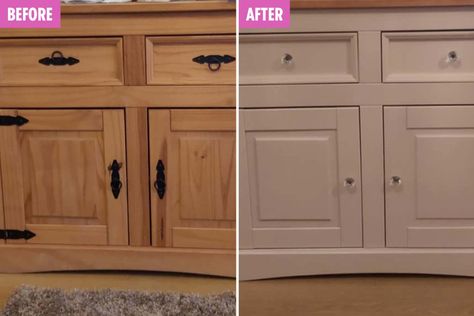 Cupboard Painting Ideas, Painting Pine Furniture, Cream Cupboards, Cupboard Painting, Ball Pit With Slide, Solid Pine Furniture, Timber Sideboard, Living Room Cupboards, Paint People