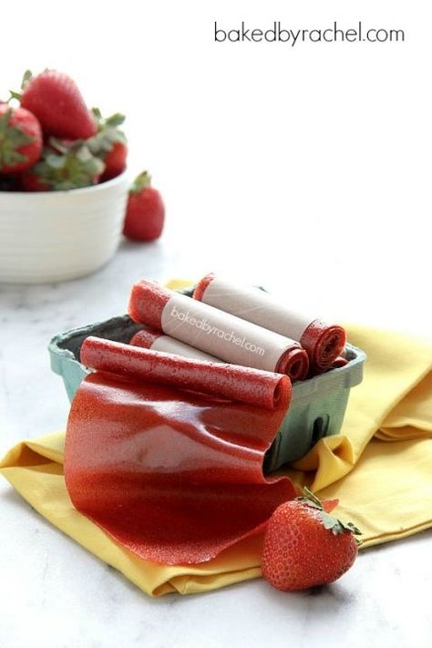 Easy Homemade Strawberry Fruit Leather Recipe from bakedbyrachel.com Strawberry Fruit Leather, Fruit Rollups, Fruit Leather Recipe, Clean Snacks, Fresh Fruit Recipes, Healthier Desserts, Fruit Roll, Fruit Leather, Fruit Roll Ups