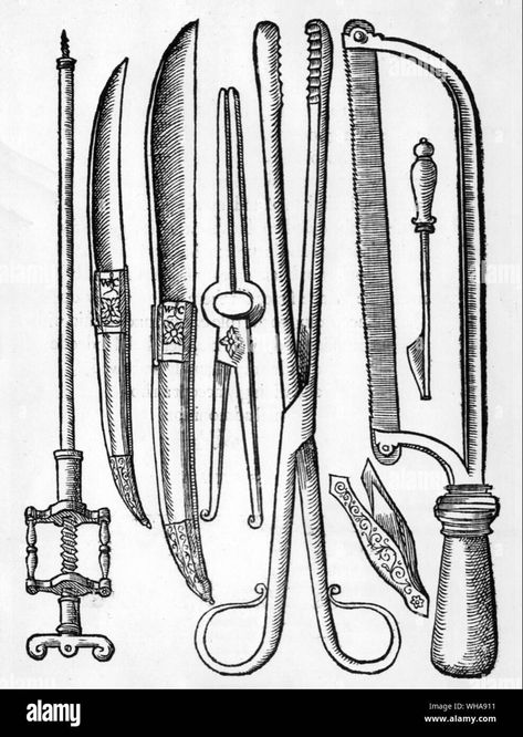 Anatomy Diagram Tattoo, Medieval Medical Illustration, Medieval Medical Tools, Medical Tools Illustration, Medieval Doctor Aesthetic, Medieval Tools, Theme Tattoos, Tool Tattoo, Medical Tools