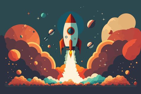 Rocket Illustration Design, Space Rocket Illustration, Rocket Flying, Flat Design Illustration, Space Illustration, Business Concept, Space Rocket, Flat Illustration, Start Up Business