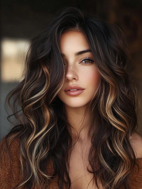 o Dark Hair With Light Ends Balayage, Dark Brown Hair With Caramel And Blonde Highlights, Latina Fall Hair Colors, Womens Balayage Hair, Warm Dark Brown Hair With Dimension, Medium Fall Hairstyles 2024, Brown And Carmel Hair Ideas, Winter Hair Styles Medium, Fall 2024 Brunette Hair Trends