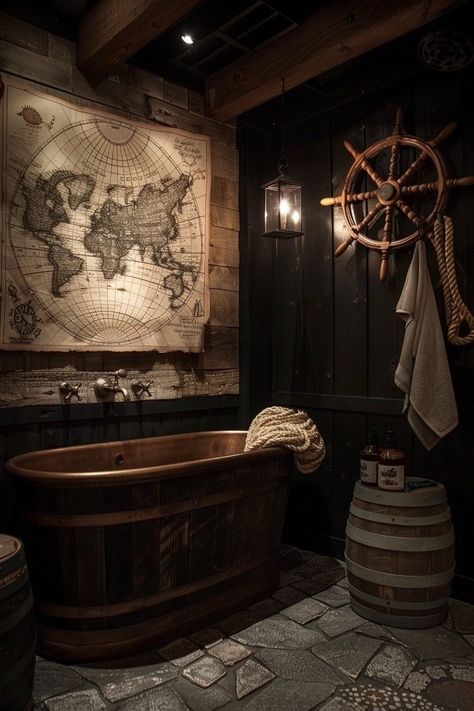 29 Coastal Bathroom Ideas to Inspire Your Next Remodel Dark Ocean Themed Bathroom, Pirate Bathroom Ideas, Moody Nautical Bathroom, Dark Nautical Bathroom, Pirate Themed Bathroom, Western Gothic Bathroom, Pirate Ship Bathroom, Moody Coastal Decor, Maritime Bathroom