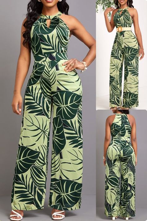 Unleash your inner fashionista with Rosewe’s Leaf Print Cut-Out Green Long Round Neck Jumpsuit! Perfect for turning heads and embracing summer vibes. 🍃✨  #FashionForward #StyleInspo #OOTD #FashionTrends2024 #InstaChic #FashionLover #OutfitOfTheDay #TrendyLooks #FashionBlogger #StyleOfTheDay Jumpsuit For Summer, Jumpsuit Outfit Ideas, Classy Jumpsuit Outfits, African Print Pants, Fancy Short Dresses, Baby Clothes Patterns Sewing, Long Jumpsuit, 2piece Outfits, Summer Jumpsuit