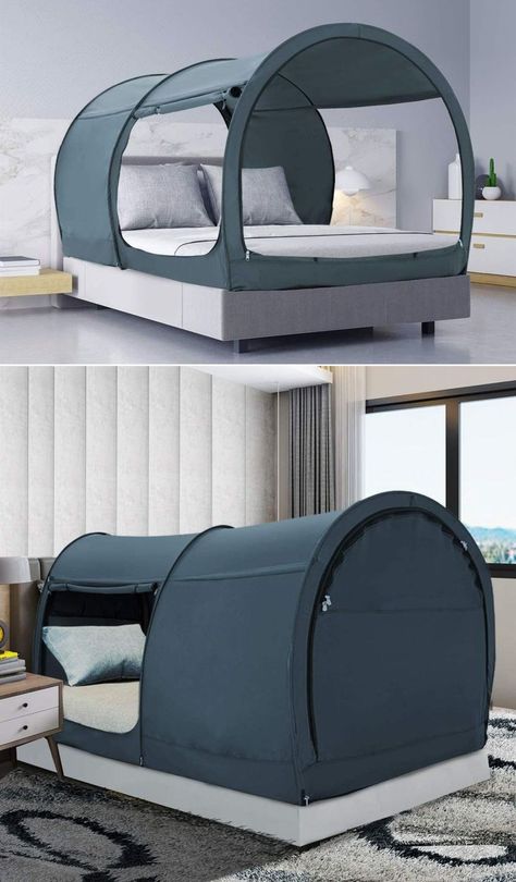 If you want some seclusion in the shared room or just want to experience indoor camping, the Leedor bed tent can be a great solution for you. It is sort of a cover for the bed that provides complete privacy to the person sleeping inside. Tent Camping Beds Ideas, Foot Tent For Bed, Tent Bed Frame, Tent House Decoration, Privacy Bed Tent, Tent Cover For Bed, Space Bed Tent, Privacy Pop Bed Tent, Person Sleeping