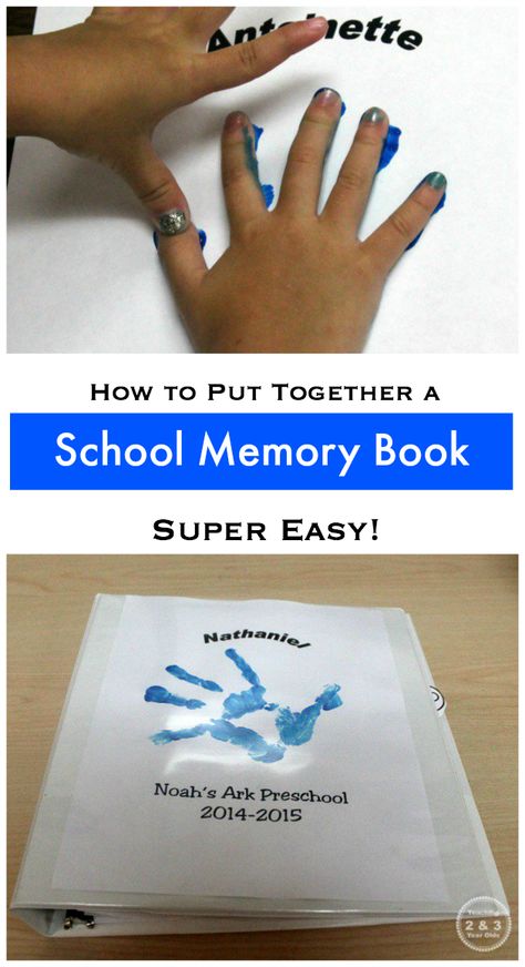 Preschool Memory Book - a super easy way to store artwork, pictures, and other memorabilia. Teaching 2 and 3 Year Olds Preschool Memory Book Ideas, Noahs Ark Preschool, Memory Book Ideas, Preschool Scrapbook, Preschool Memory Book, Preschool Portfolio, School Memory Book, Store Artwork, Memory Book School